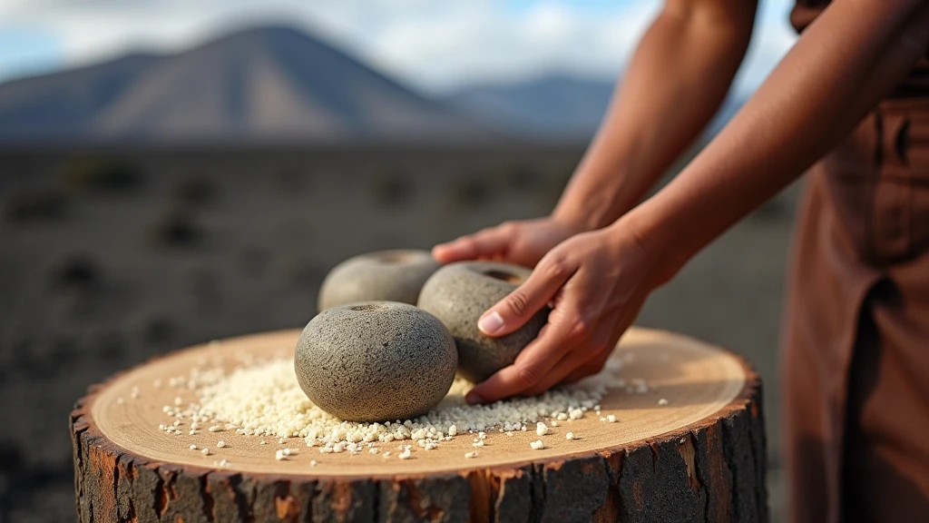 Traditionelle hawaiianische Poi-Zubereitung mit Steinwerkzeugen vor Mauna Kea Landschaft