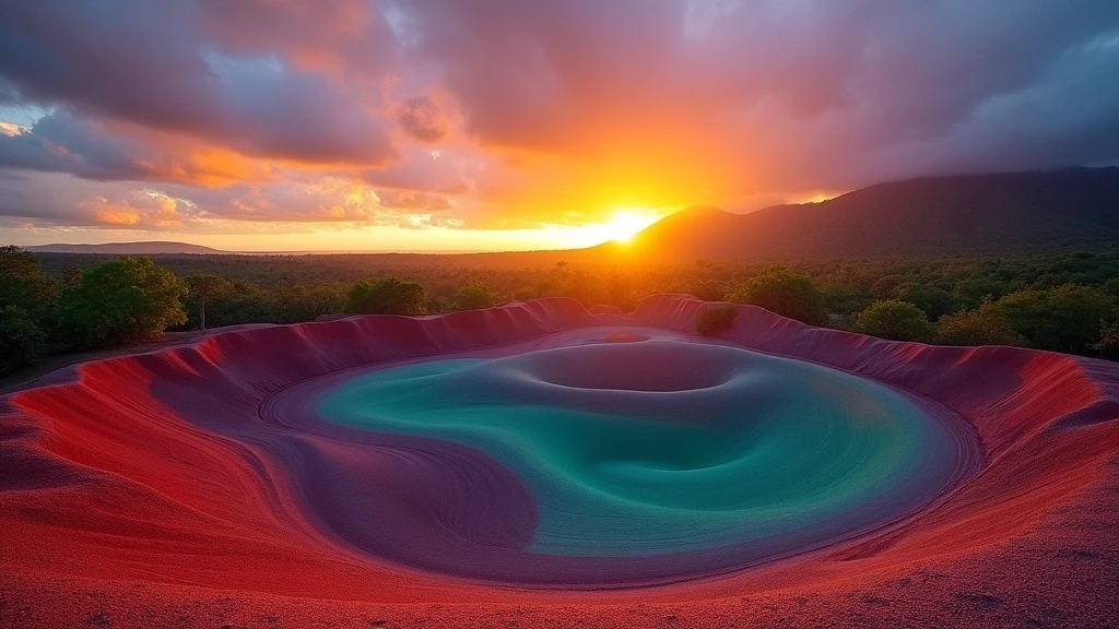 Sonnenuntergang ueber den Siebenfarbigen Erden von Chamarel auf Mauritius