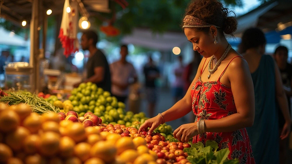 Lokale Verkaeuferin auf dem Port Louis Zentralmarkt auf Mauritius mit exotischen Fruechten