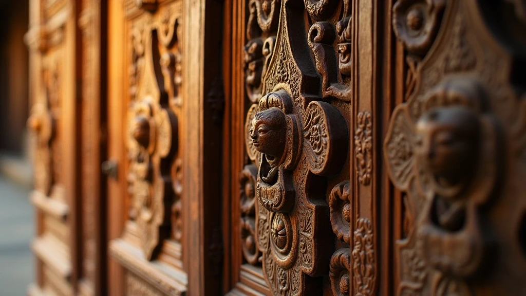 Detailaufnahme kunstvoller Holzschnitzereien an Klostertueren in Mawlamyine, Myanmar