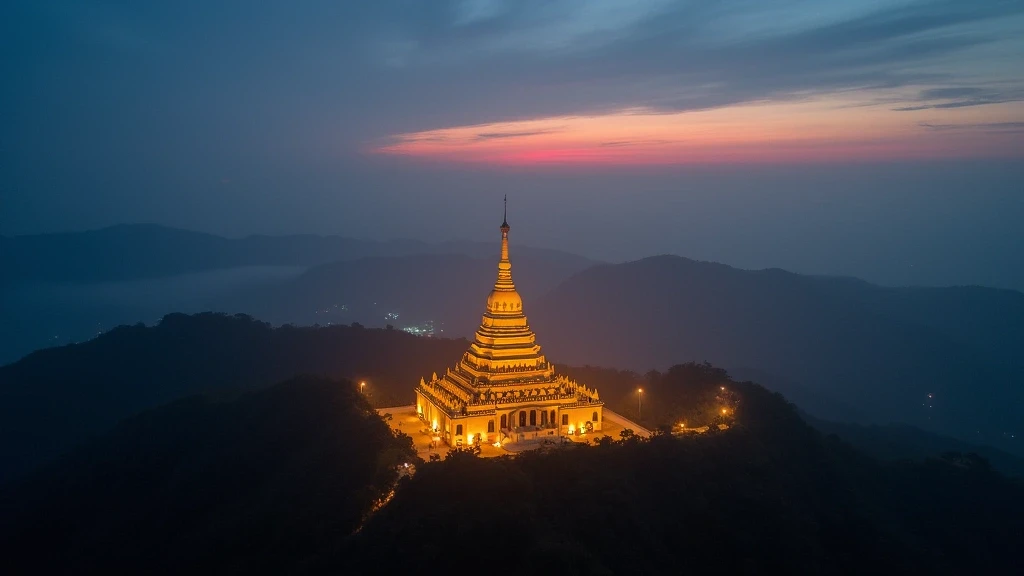 Goldene Stunde an der Kyaikthanlan-Pagode in Mawlamyine, Myanmar mit mystischer Atmosphaere