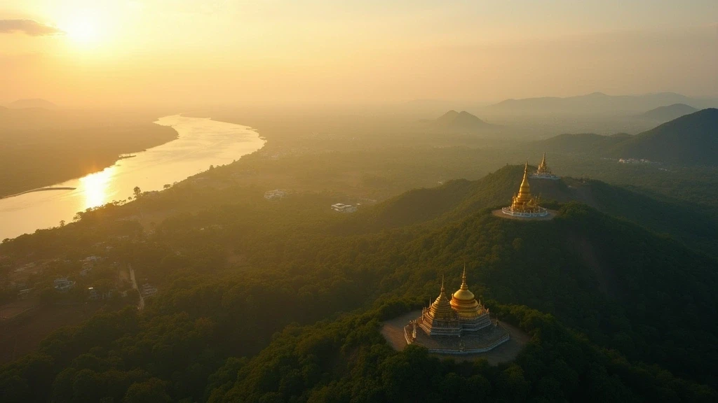 Luftaufnahme des Salween-Flussdeltas und der Pagoden von Mawlamyine zur goldenen Stunde in Myanmar