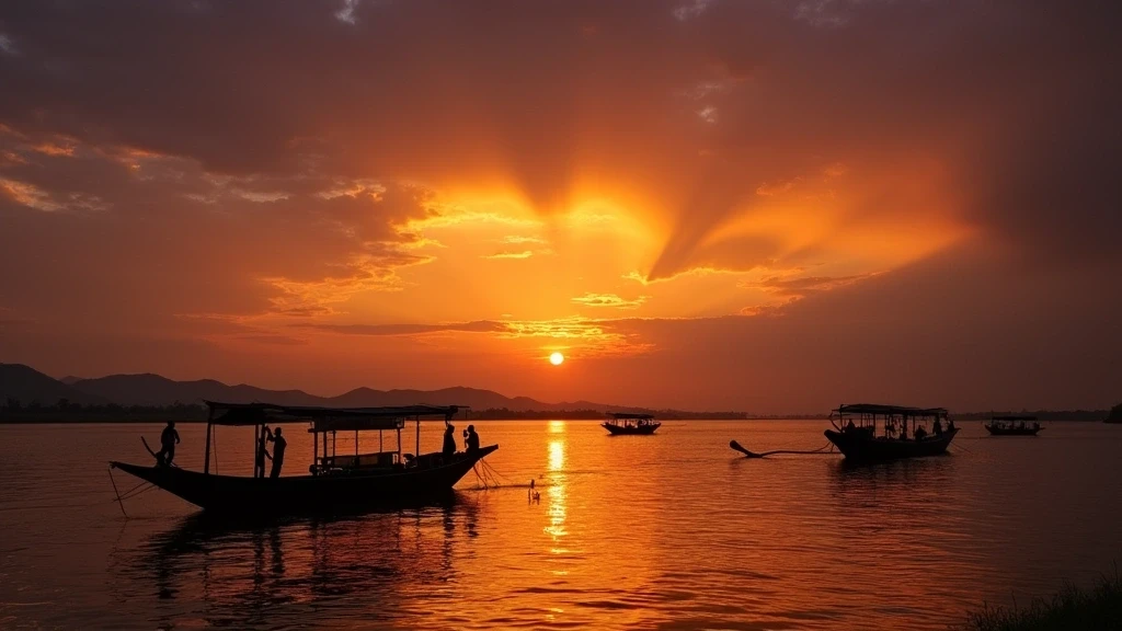 Sonnenuntergang ueber dem Salween-Fluss mit Fischerboot-Silhouetten in Mawlamyine, Myanmar