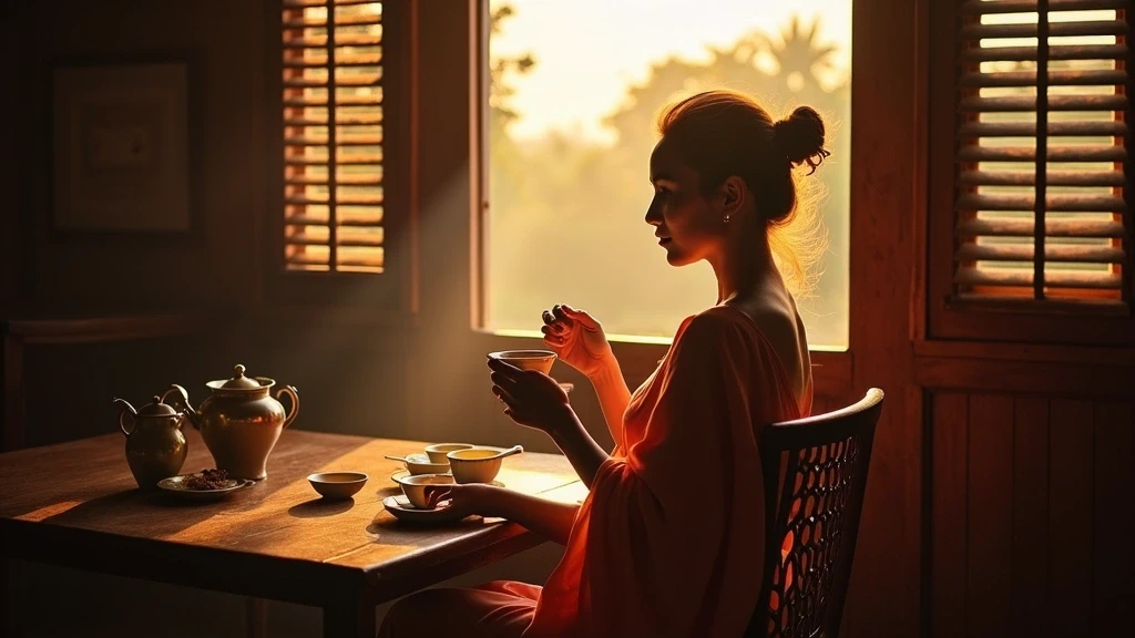 Elegante Frau geniesst traditionellen burmesischen Tee in einem Kolonial-Cafe in Mawlamyine