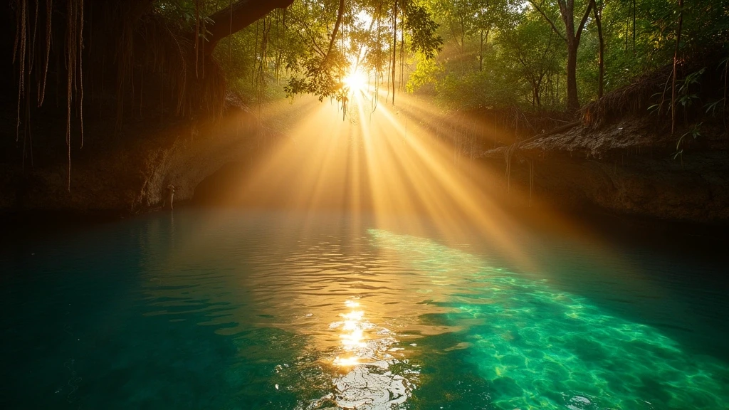 Sonnenuntergang ueber den heiligen Cenotes in Yucatán mit goldenem Licht