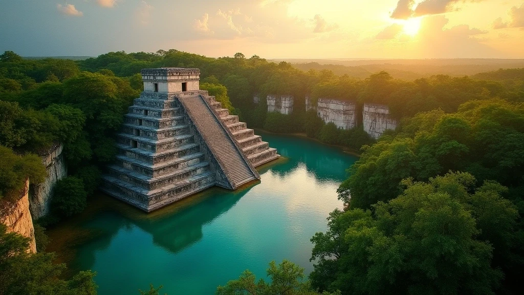 Luftaufnahme der Maya-Pyramiden im Dschungel von Yucatán zur goldenen Stunde