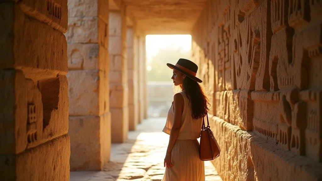 Reisende bewundert Steinmetzarbeiten in Uxmal, Yucatán zur goldenen Stunde