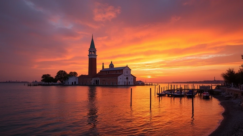 Panorama-Sonnenuntergang ueber der venezianischen Lagune mit Mazzorbo-Glockenturm-Silhouette