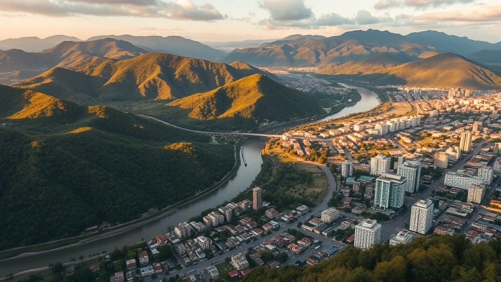 Luftaufnahme des Aburrá-Tals in Medellín zur goldenen Stunde mit Bergen und Stadtlandschaft