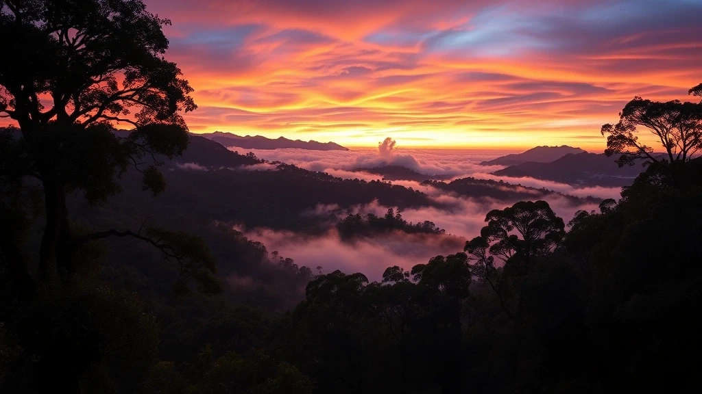 Sonnenuntergang ueber dem Arví-Park in Medellín mit Nebelwald und dramatischem Himmel