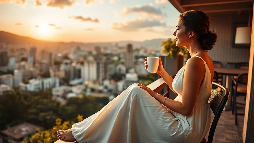 Elegante Frau geniesst kolumbianischen Kaffee auf Dachterrasse in Medellín mit Stadtblick