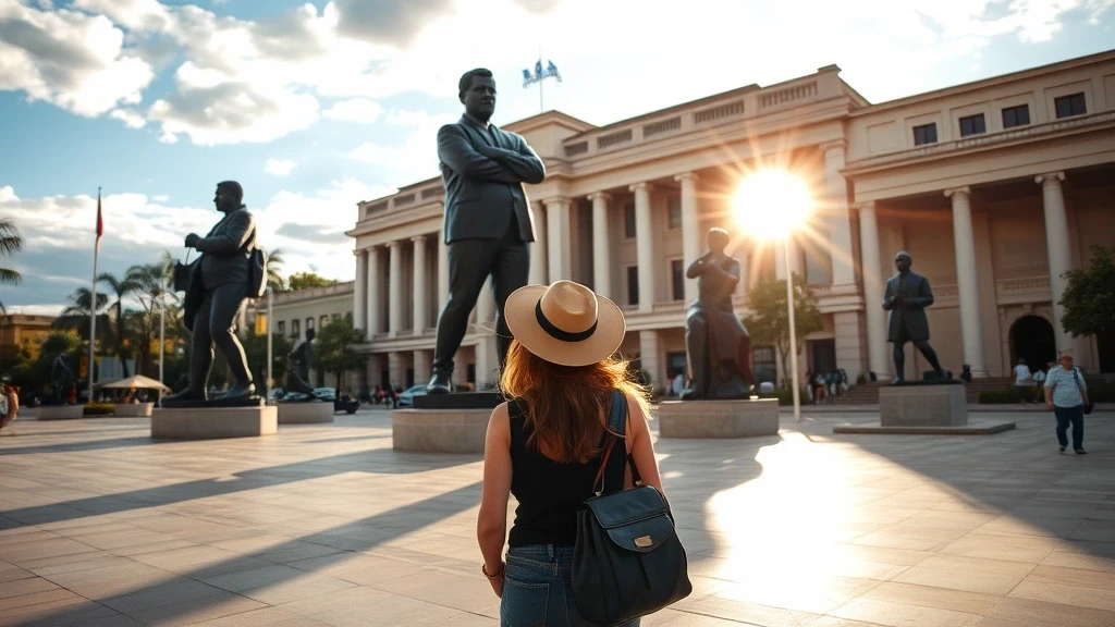 Reisende bewundert Botero-Skulpturen auf Plaza Botero in Medellín bei Abendlicht