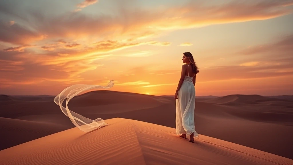 Elegante Frau auf Sanddüne bei Sonnenuntergang in Mekka, Saudi-Arabien