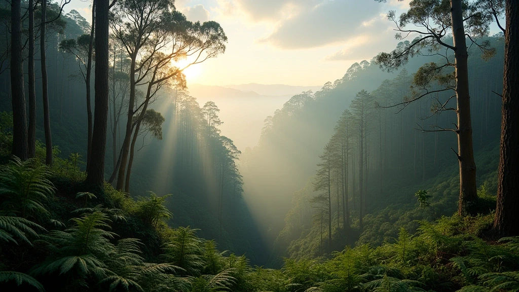 Panoramablick auf die Dandenong Ranges mit Nebel und Sonnenstrahlen in Melbourne