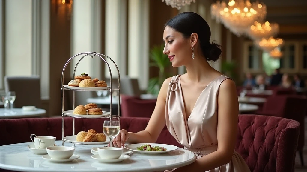 Elegante Frau geniesst High Tea im Langham Hotel in Melbourne