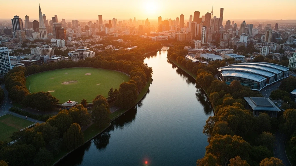 Luftaufnahme des Yarra River und der Skyline von Melbourne zur goldenen Stunde