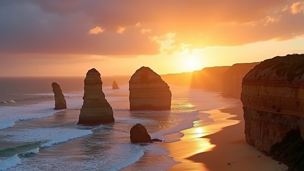 Die Zwoelf Apostel an der Great Ocean Road bei Sonnenuntergang in Melbourne