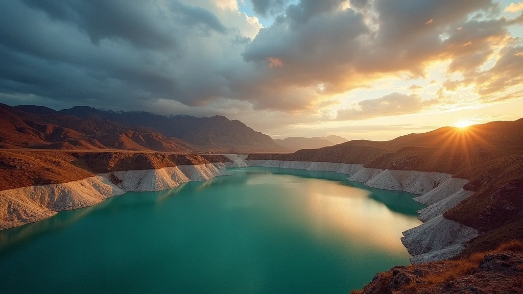 Potrerillos-Stausee in Mendoza mit tuerkisem Wasser und Bergen
