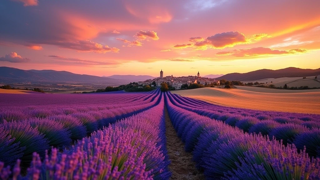 Panoramablick auf Lavendelfelder vor dem Dorf Ménerbes im Luberon bei Sonnenuntergang