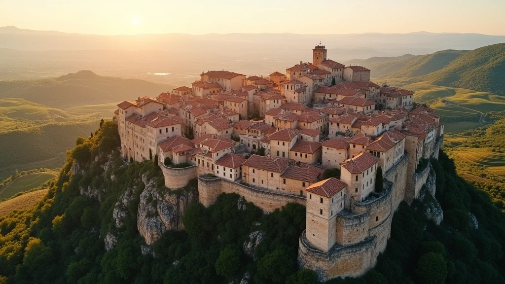 Luftaufnahme des mittelalterlichen Dorfes Ménerbes auf einem Felsvorsprung im Luberon-Tal zur goldenen Stunde