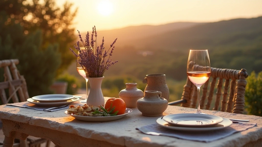 Artisanale provenzalische Tafel auf einer Steinterrasse in Ménerbes mit Blick ins Tal