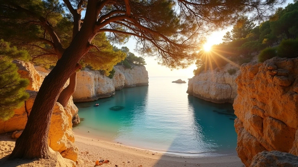 Goldene Stunde an der Cala Macarella Bucht auf Menorca mit Panoramablick