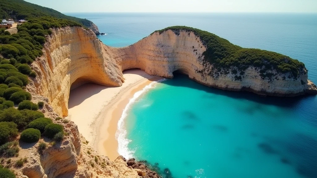 Luftaufnahme der Cala Macarella Bucht auf Menorca zur goldenen Stunde mit tuerkisfarbenem Wasser
