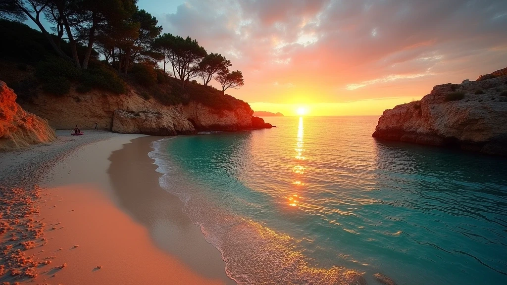 Sonnenuntergang ueber der Cala Macarella Bucht auf Menorca mit dramatischem Himmel