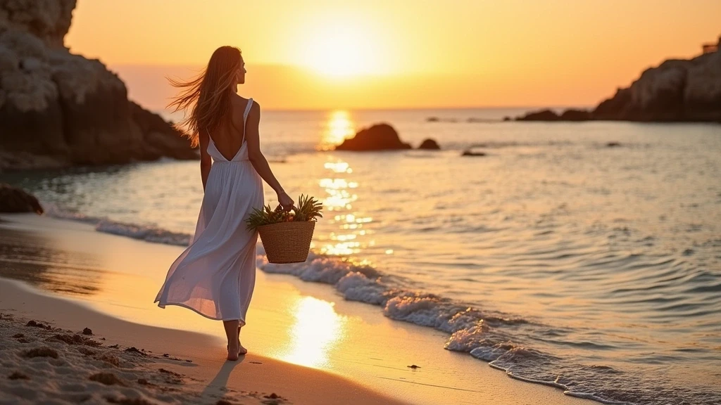 Elegante Frau am Strand der Cala Macarella Bucht auf Menorca bei Sonnenuntergang
