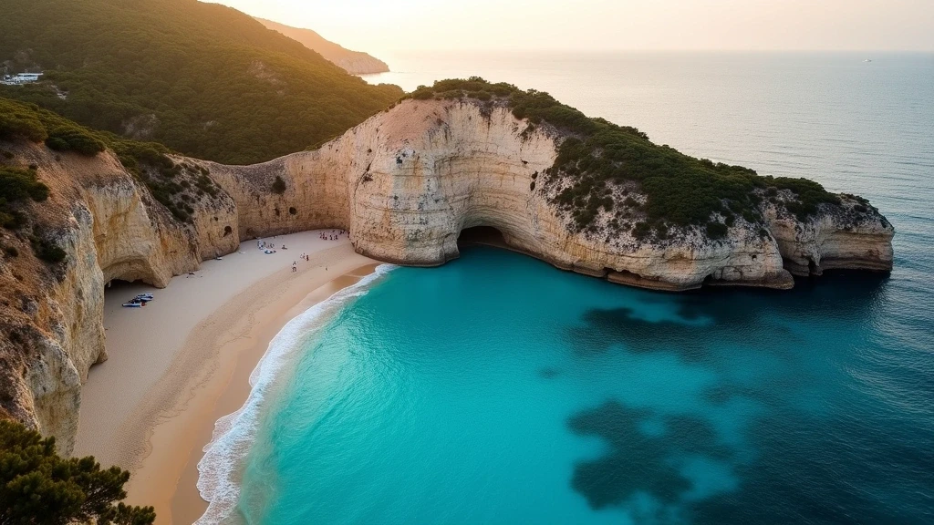 Luftaufnahme der tuerkisfarbenen Bucht Cala Macarella auf Menorca mit weissem Sand und Pinienwaeldern