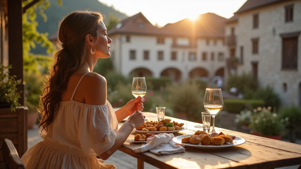 Elegante Frau geniesst Suedtiroler Spezialitaeten auf Terrasse in Meran zur goldenen Stunde