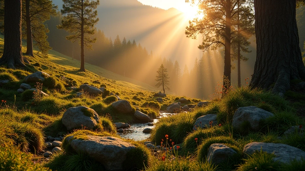 Goldene Stunde im alten Kastanienwald bei Meran, dramatische Lichtstrahlen und Wildblumen