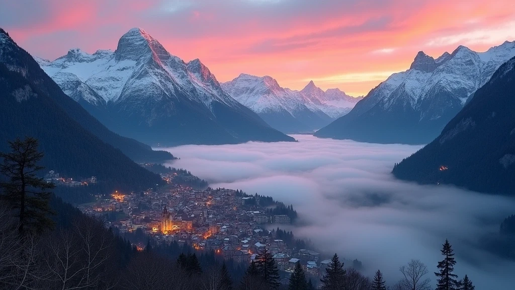 Panoramablick auf Meran mit Dolomiten bei Sonnenuntergang, mittelalterliche Stadt im Tal