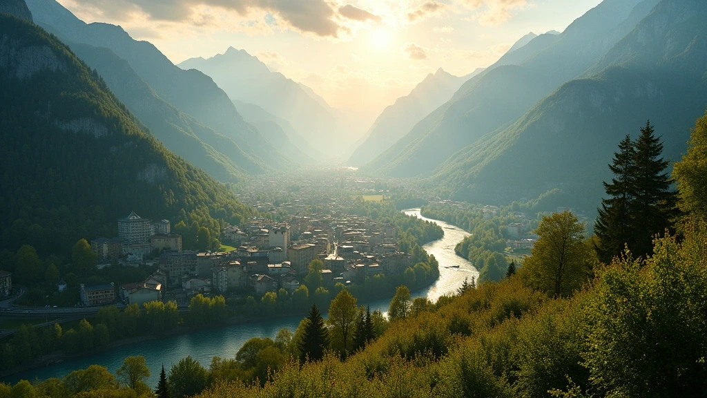 Luftaufnahme von Meran in den Dolomiten zur goldenen Stunde mit Passer Fluss und Obstgaerten