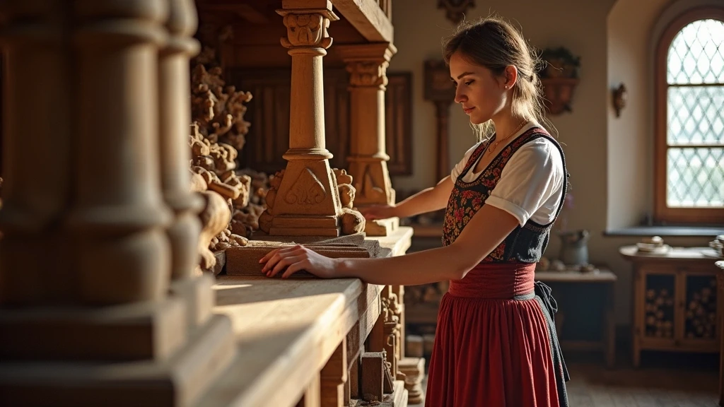 Lokale Fuehrerin in Dirndl zeigt Holzschnitzerei in Meraner Kunsthandwerkswerkstatt