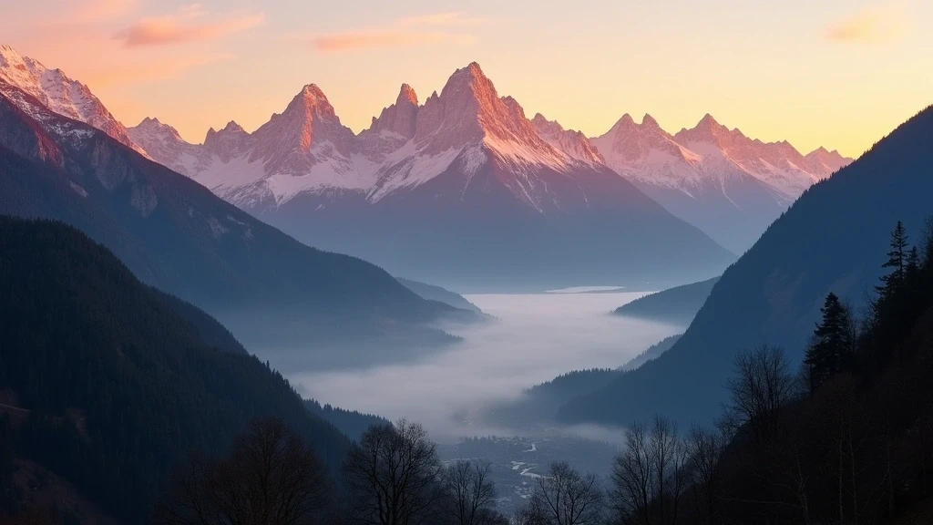 Panorama der Texelgruppe bei Sonnenuntergang mit Alpengluehen und Nebel im Tal