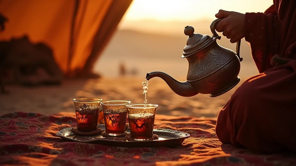 Traditionelle Berber-Teezeremonie in Wuestencamp in Merzouga mit detailreichem Geschirr