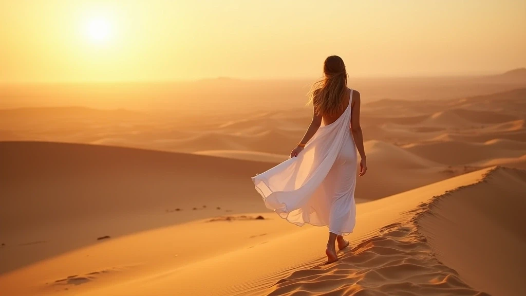Elegante Frau in weissem Kleid auf Sandduenenkamm in Merzouga zur goldenen Stunde