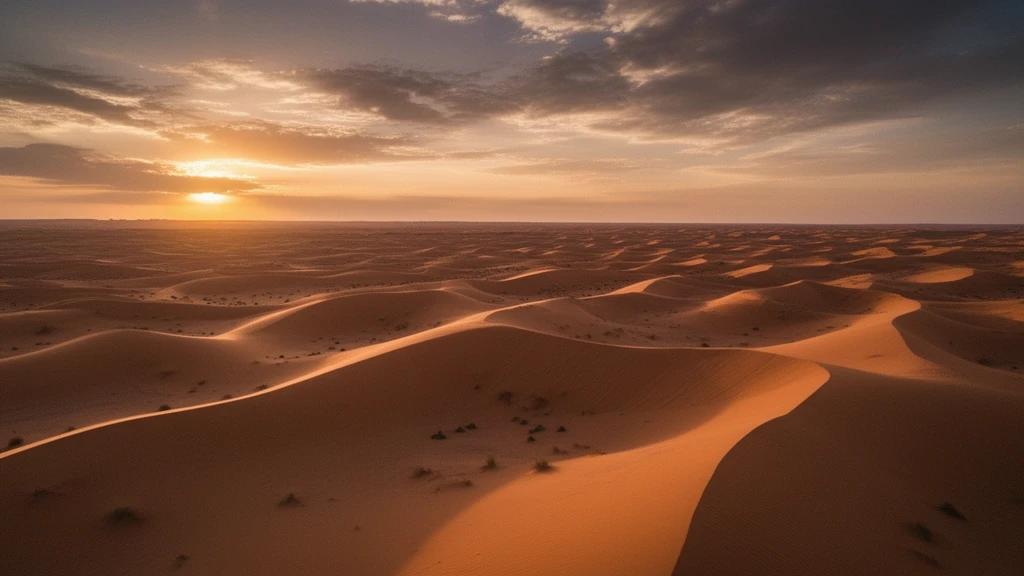 Luftaufnahme der goldenen Sandduenen von Erg Chebbi in Merzouga bei Sonnenuntergang