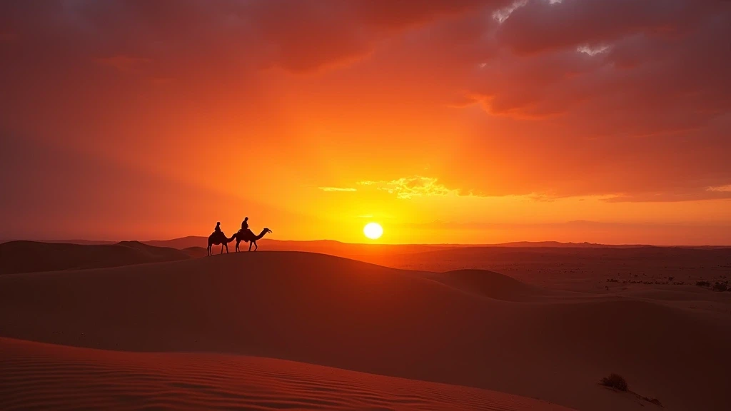 Dramatischer Sonnenuntergang ueber der Sahara-Wueste in Merzouga mit Kamelsilhouetten