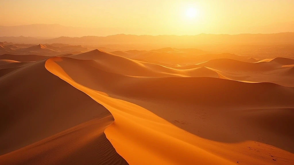 Panorama der Sandduenen in Merzouga bei Sonnenaufgang mit goldenem Licht