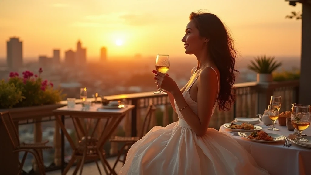 Elegante Frau geniesst Gourmet-Essen auf Rooftop-Restaurant in Polanco, Mexiko-Stadt