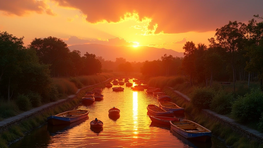 Sonnenuntergang ueber den Kanälen von Xochimilco in Mexiko-Stadt mit Trajineras