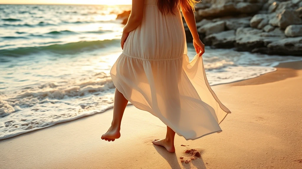 Elegante Frau im weissen Leinenkleid am einsamen Strand von Key Biscayne in Miami