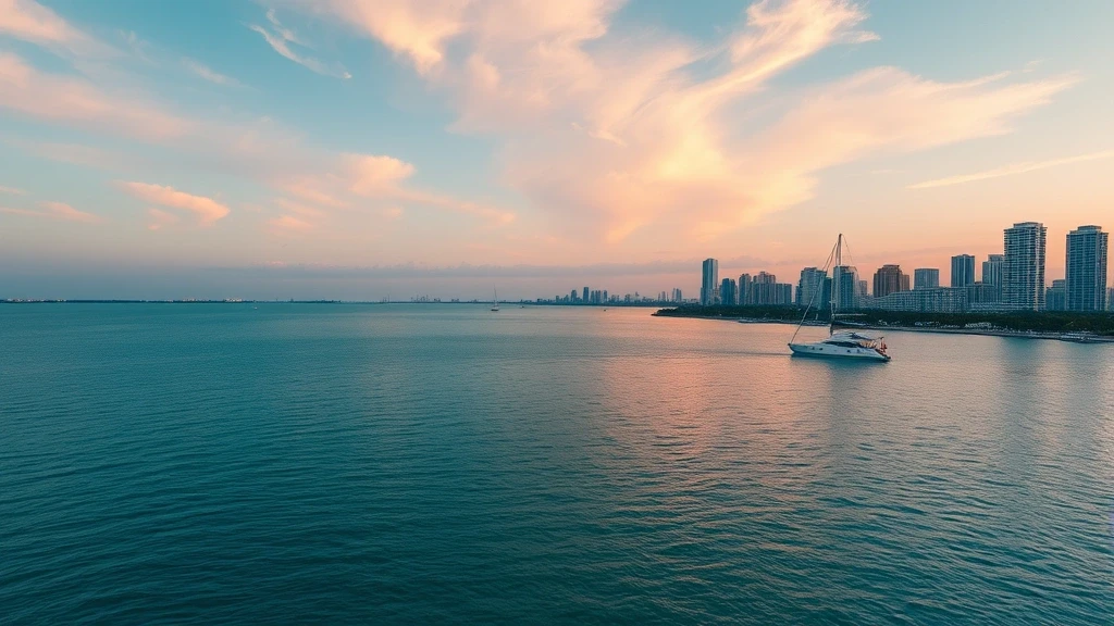 Panoramablick auf die Biscayne Bay in Miami bei Sonnenaufgang mit pastellfarbenem Himmel