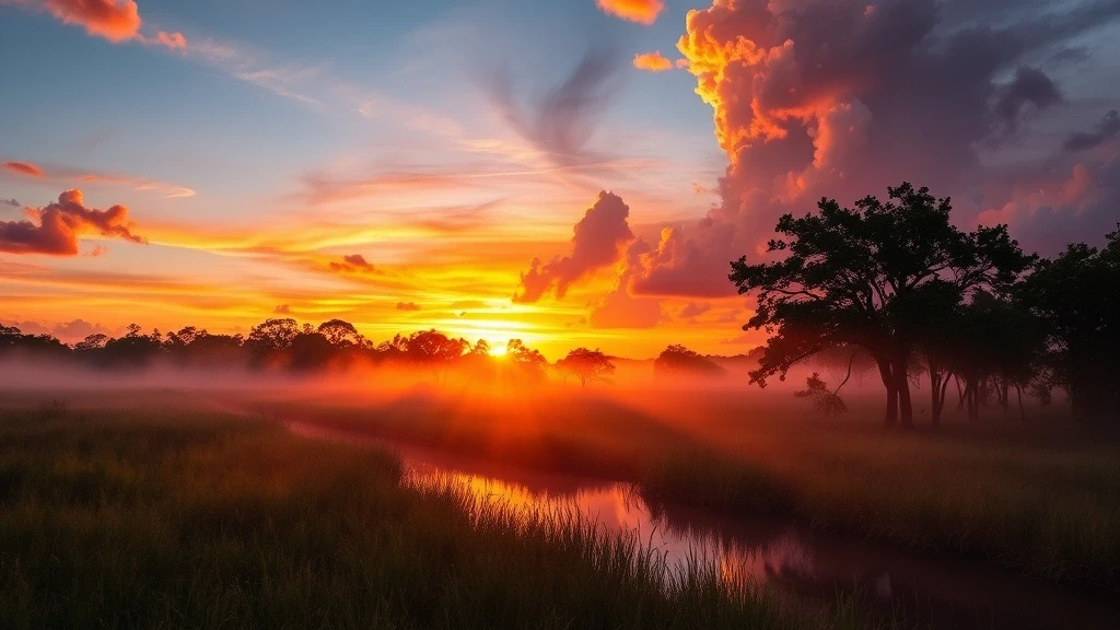 Sonnenuntergang ueber den Everglades in Miami mit Zypressen-Silhouetten und Marschland