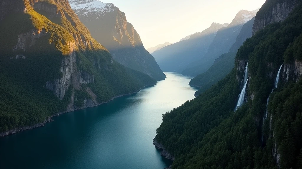 Luftaufnahme des Milford Sound in Neuseeland mit dramatischen Fjordwaenden und Wasserfaellen zur goldenen Stunde