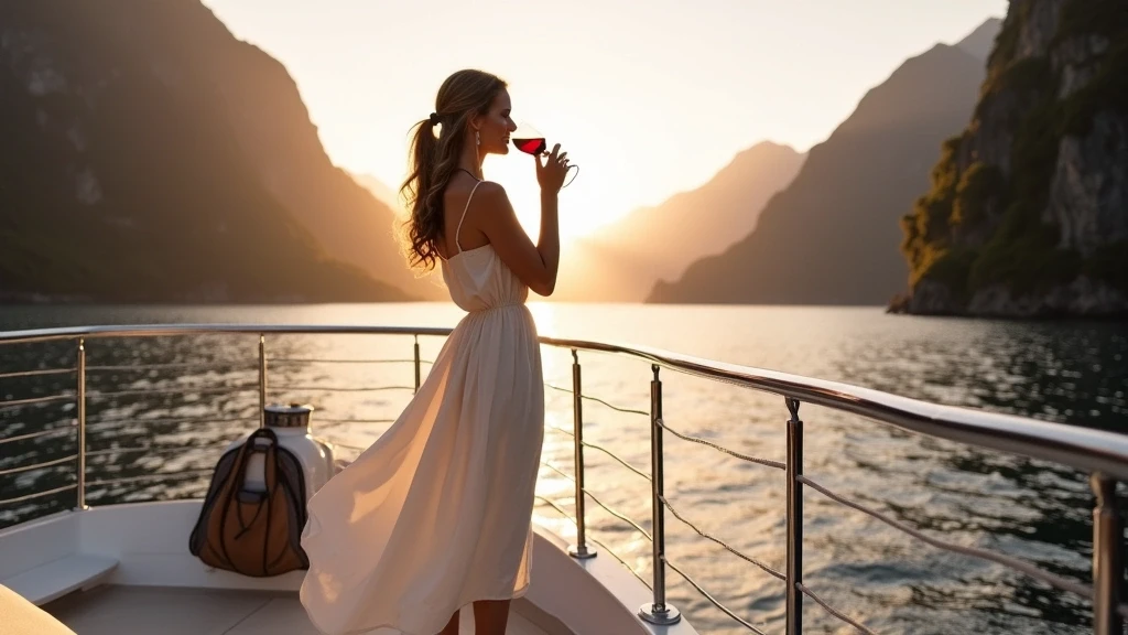 Elegante Frau auf Luxusyacht im Milford Sound Neuseeland bei Sonnenuntergang