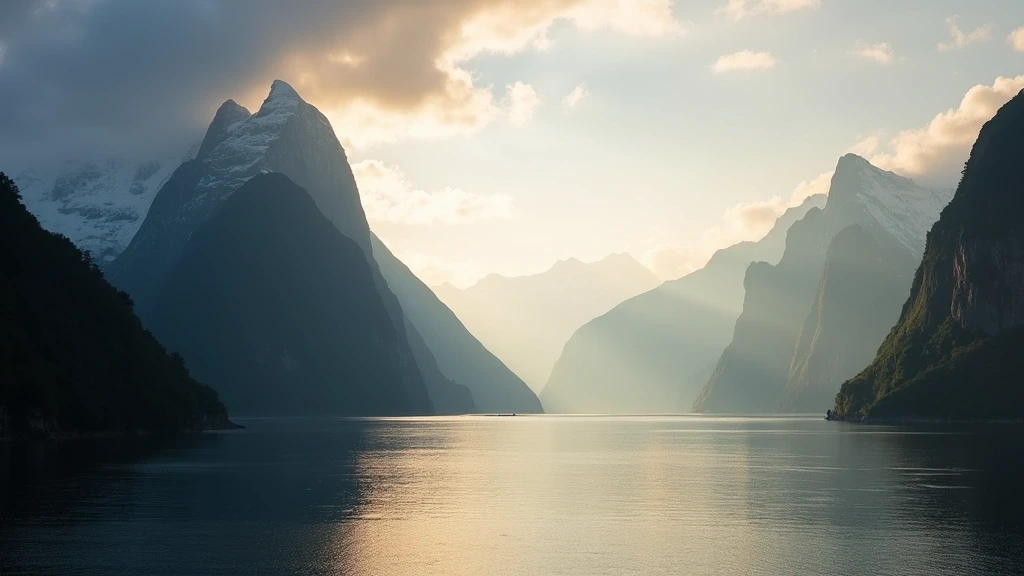 Panoramablick auf den Mitre Peak im Milford Sound Neuseeland bei Sonnenuntergang