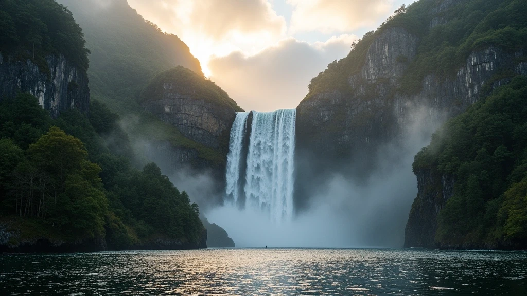 Stirling Falls Wasserfall im Milford Sound Neuseeland mit Regenbogen im Spruehnebel